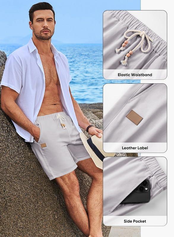 imageJMIERR Mens Casual 5quot 7quot Cotton Linen Shorts Elastic Waist Drawstring Summer Beach Shorts with PocketsF Light Grey