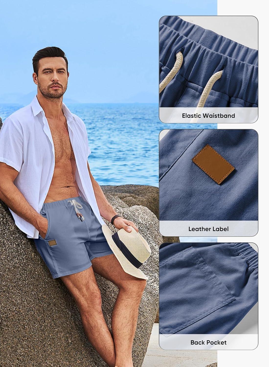 imageJMIERR Mens Casual 5quot 7quot Cotton Linen Shorts Elastic Waist Drawstring Summer Beach Shorts with PocketsIvy