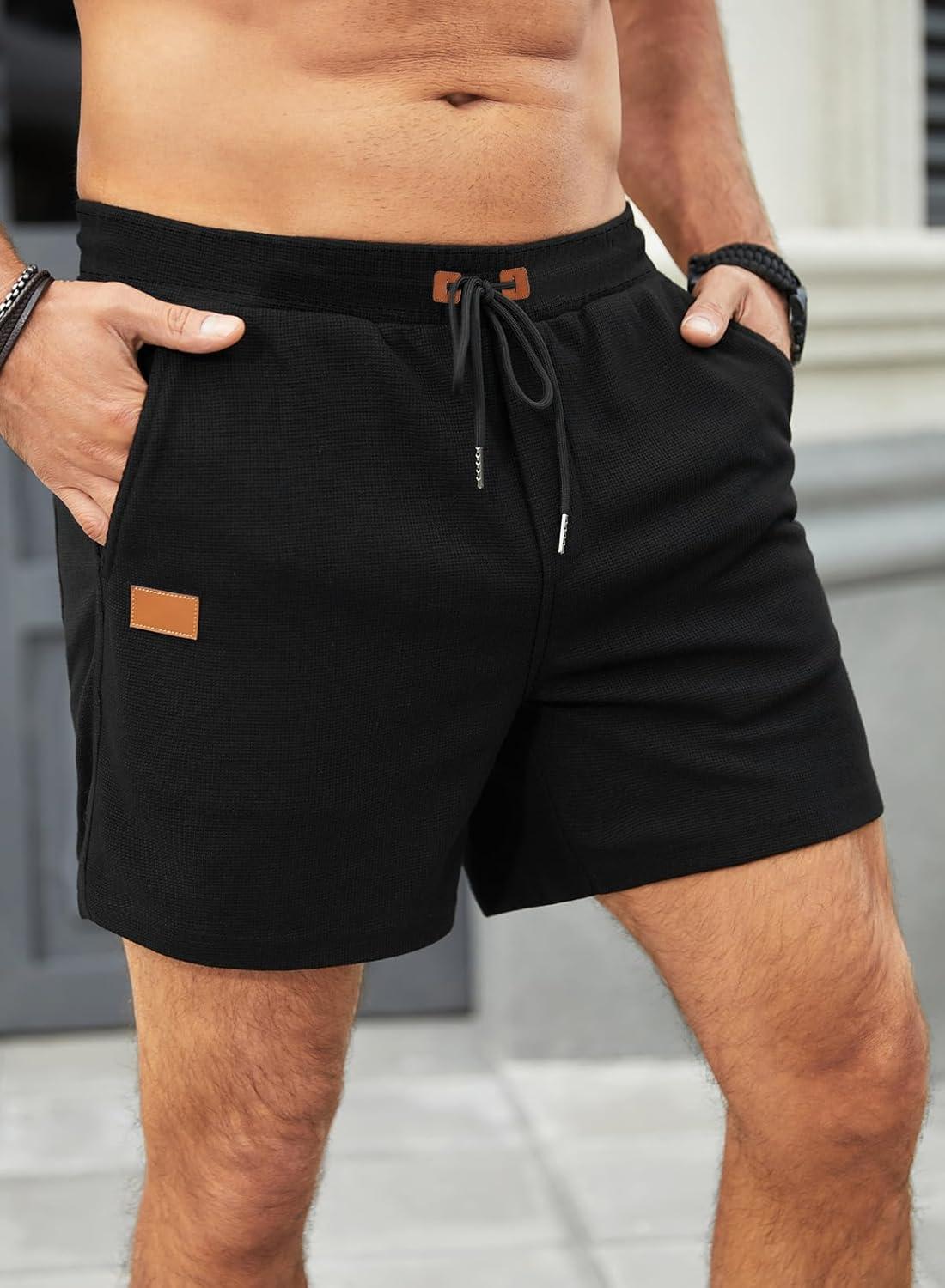 imageJMIERR Mens Casual 5quot 7quot Shorts Waffle Elastic Waist Drawstring Workout Running Jogging Beach Sweat Shorts with Pockets01 Black