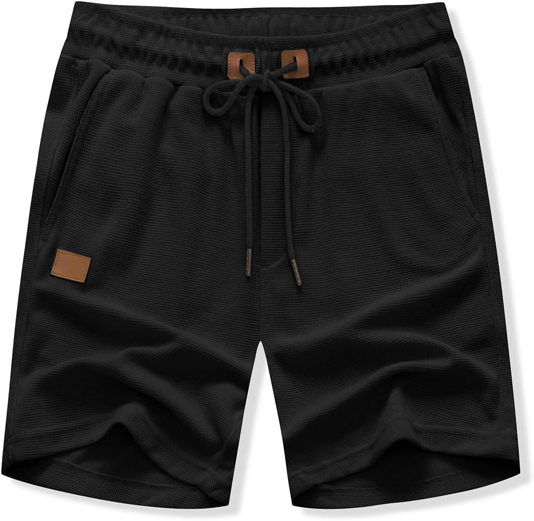 imageJMIERR Mens Casual 5quot 7quot Shorts Waffle Elastic Waist Drawstring Workout Running Jogging Beach Sweat Shorts with Pockets01 Black