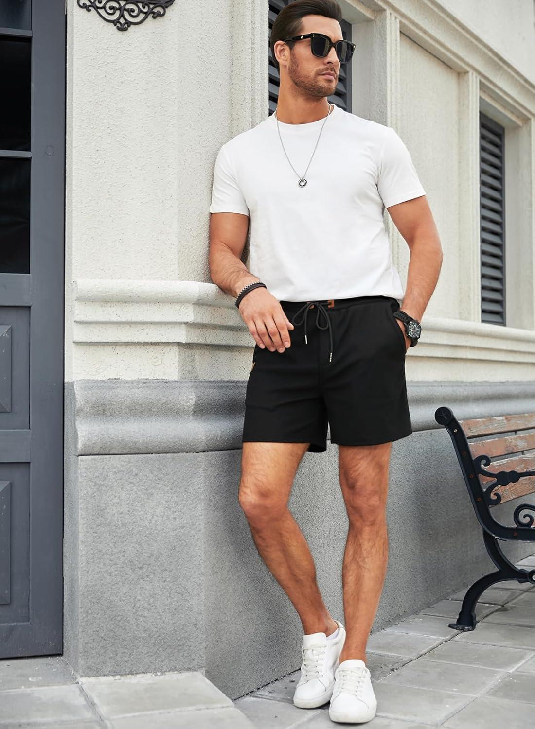 imageJMIERR Mens Casual 5quot 7quot Shorts Waffle Elastic Waist Drawstring Workout Running Jogging Beach Sweat Shorts with Pockets01 Black