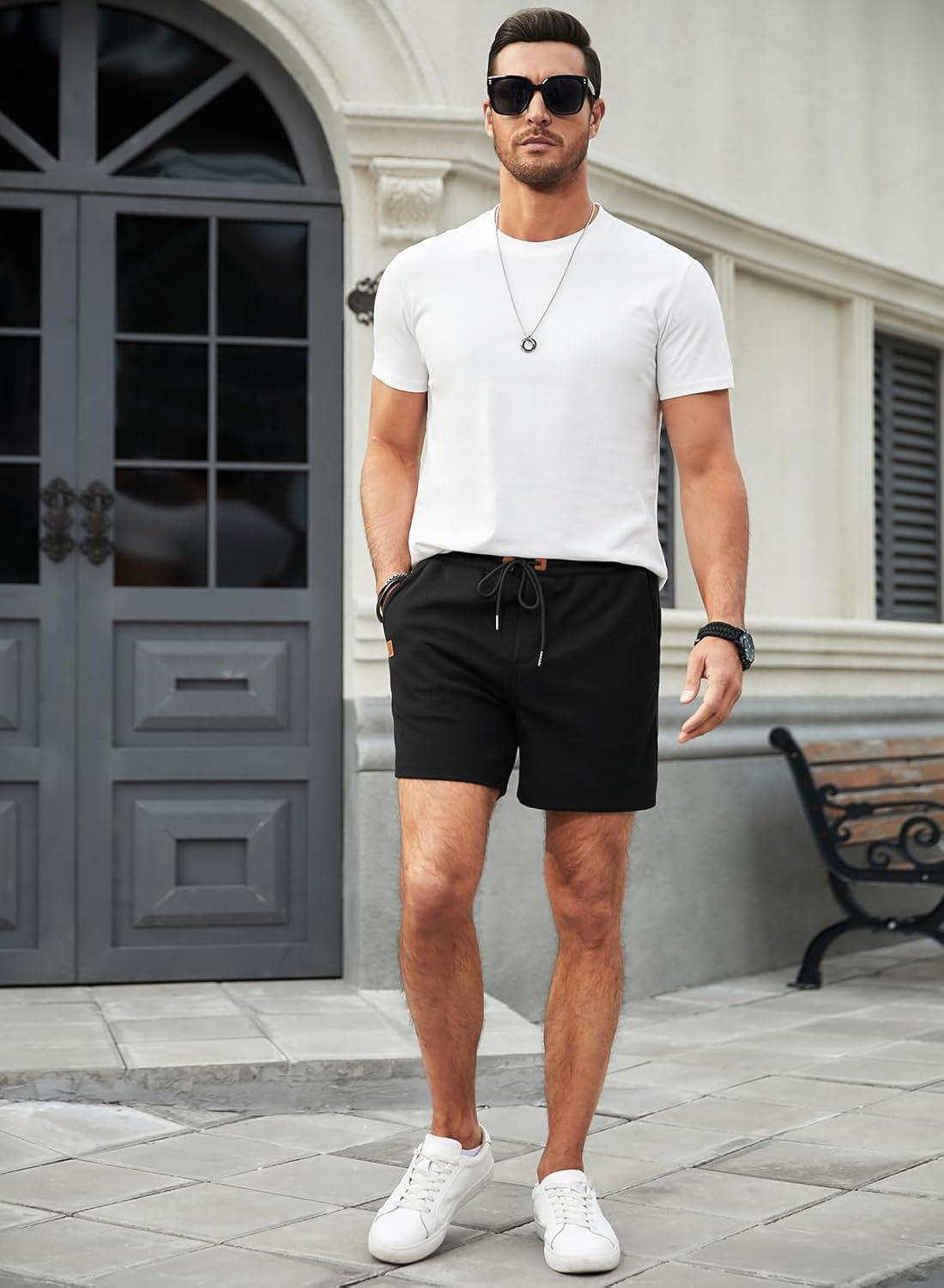 imageJMIERR Mens Casual 5quot 7quot Shorts Waffle Elastic Waist Drawstring Workout Running Jogging Beach Sweat Shorts with Pockets01 Black