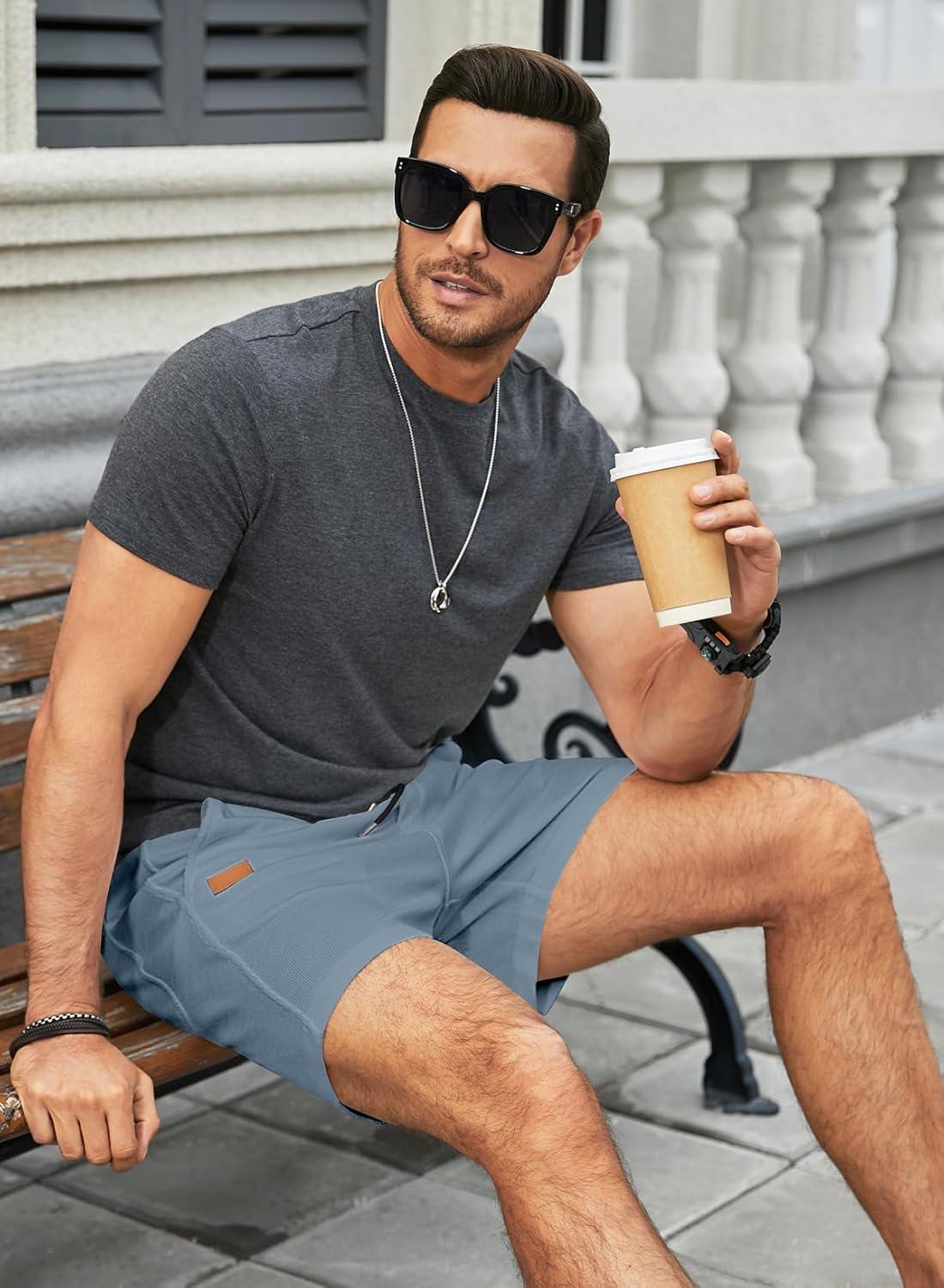 imageJMIERR Mens Casual 5quot 7quot Shorts Waffle Elastic Waist Drawstring Workout Running Jogging Beach Sweat Shorts with Pockets02 Blue