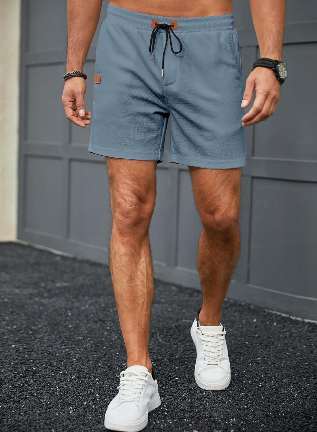 imageJMIERR Mens Casual 5quot 7quot Shorts Waffle Elastic Waist Drawstring Workout Running Jogging Beach Sweat Shorts with Pockets02 Blue