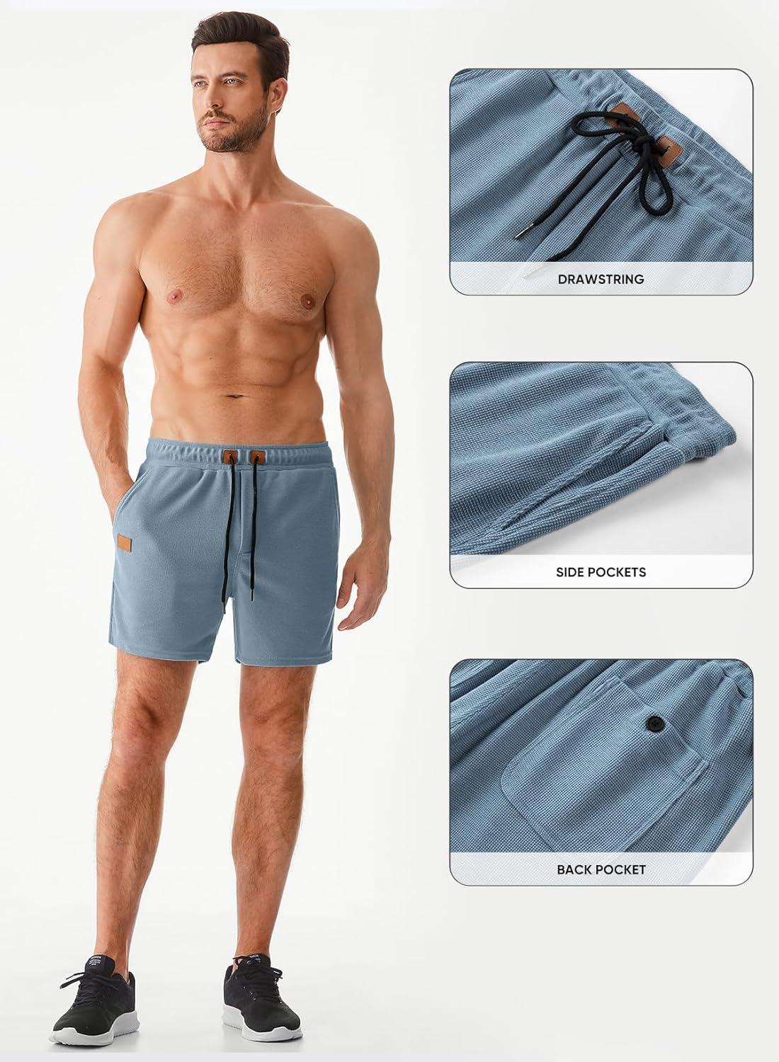 imageJMIERR Mens Casual 5quot 7quot Shorts Waffle Elastic Waist Drawstring Workout Running Jogging Beach Sweat Shorts with Pockets02 Blue
