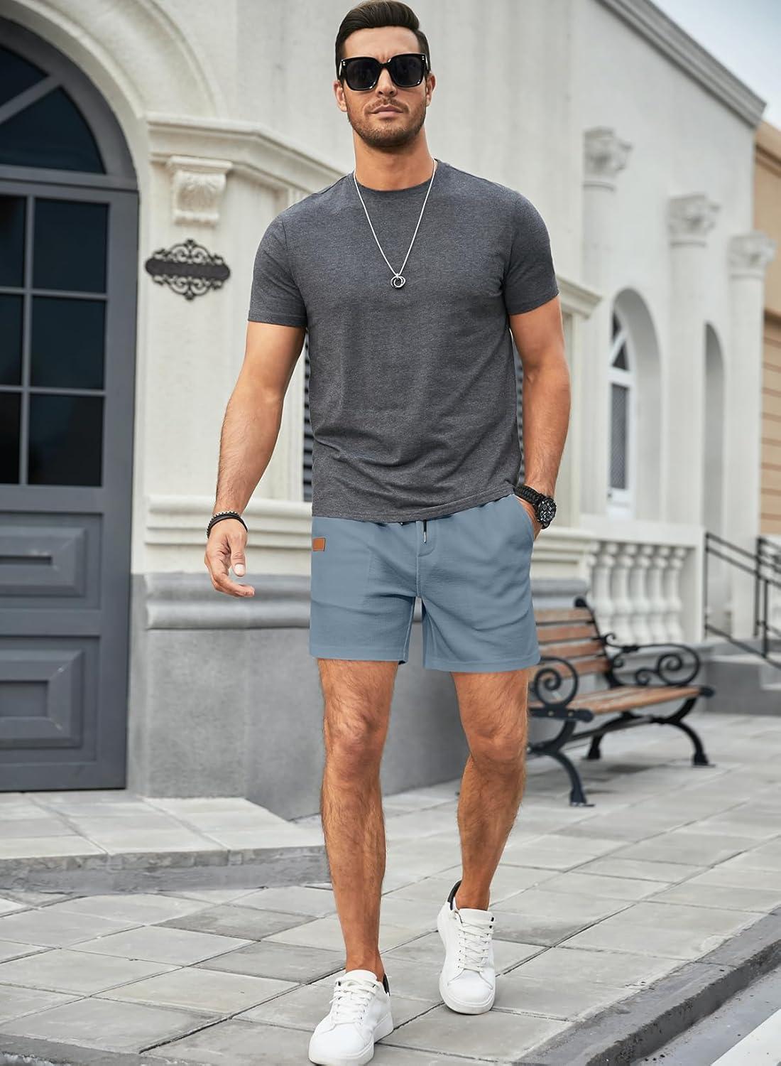 imageJMIERR Mens Casual 5quot 7quot Shorts Waffle Elastic Waist Drawstring Workout Running Jogging Beach Sweat Shorts with Pockets02 Blue