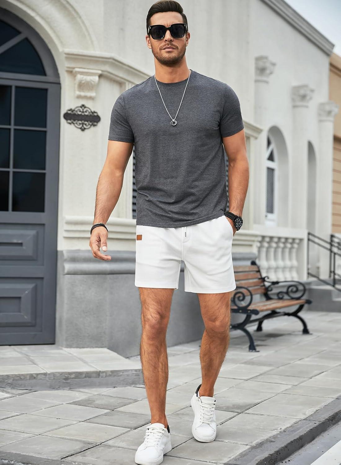 imageJMIERR Mens Casual 5quot 7quot Shorts Waffle Elastic Waist Drawstring Workout Running Jogging Beach Sweat Shorts with Pockets03 White