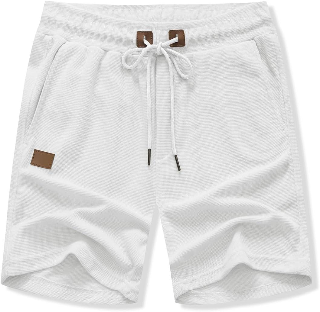 imageJMIERR Mens Casual 5quot 7quot Shorts Waffle Elastic Waist Drawstring Workout Running Jogging Beach Sweat Shorts with Pockets03 White