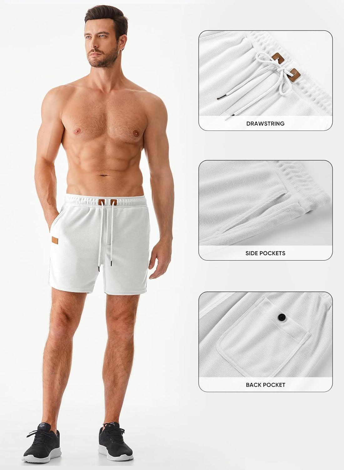 imageJMIERR Mens Casual 5quot 7quot Shorts Waffle Elastic Waist Drawstring Workout Running Jogging Beach Sweat Shorts with Pockets03 White