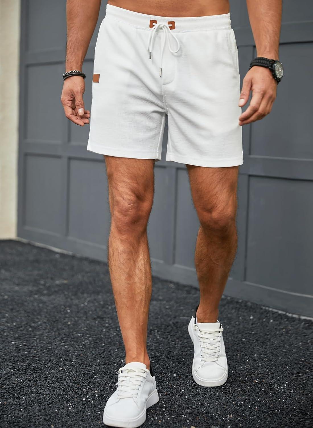 imageJMIERR Mens Casual 5quot 7quot Shorts Waffle Elastic Waist Drawstring Workout Running Jogging Beach Sweat Shorts with Pockets03 White