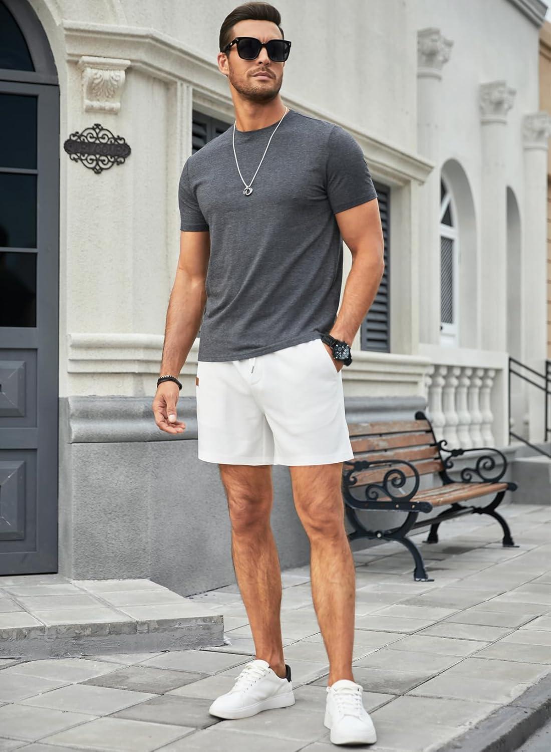 imageJMIERR Mens Casual 5quot 7quot Shorts Waffle Elastic Waist Drawstring Workout Running Jogging Beach Sweat Shorts with Pockets03 White