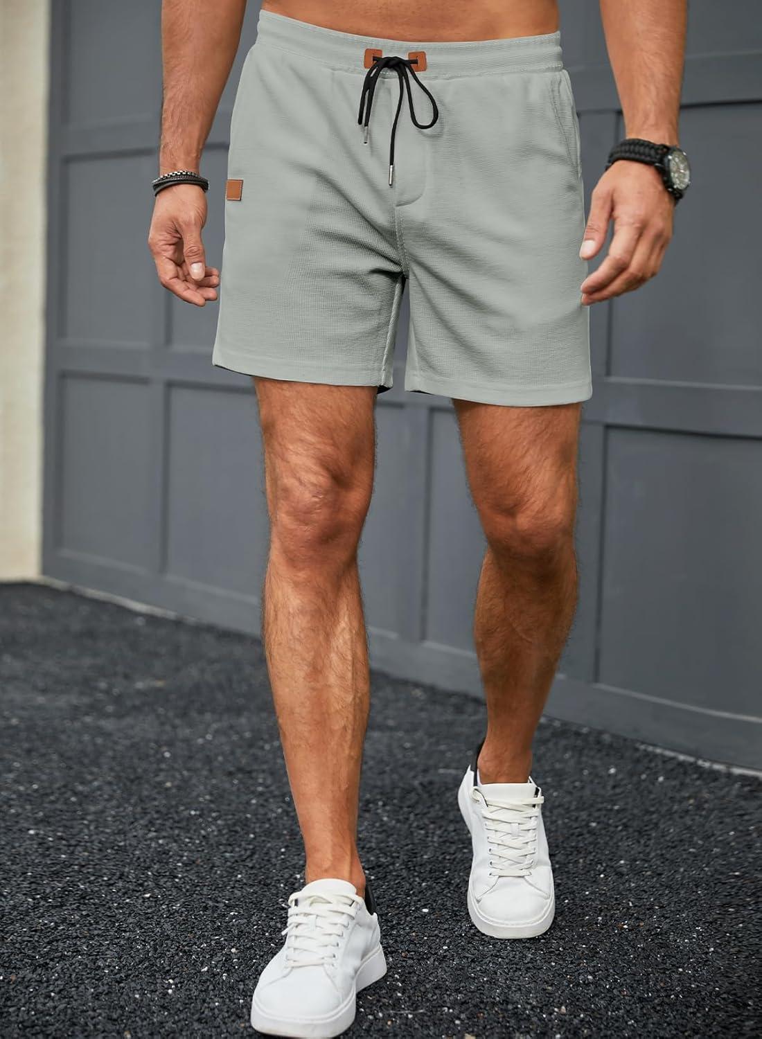 imageJMIERR Mens Casual 5quot 7quot Shorts Waffle Elastic Waist Drawstring Workout Running Jogging Beach Sweat Shorts with Pockets04 Light Grey