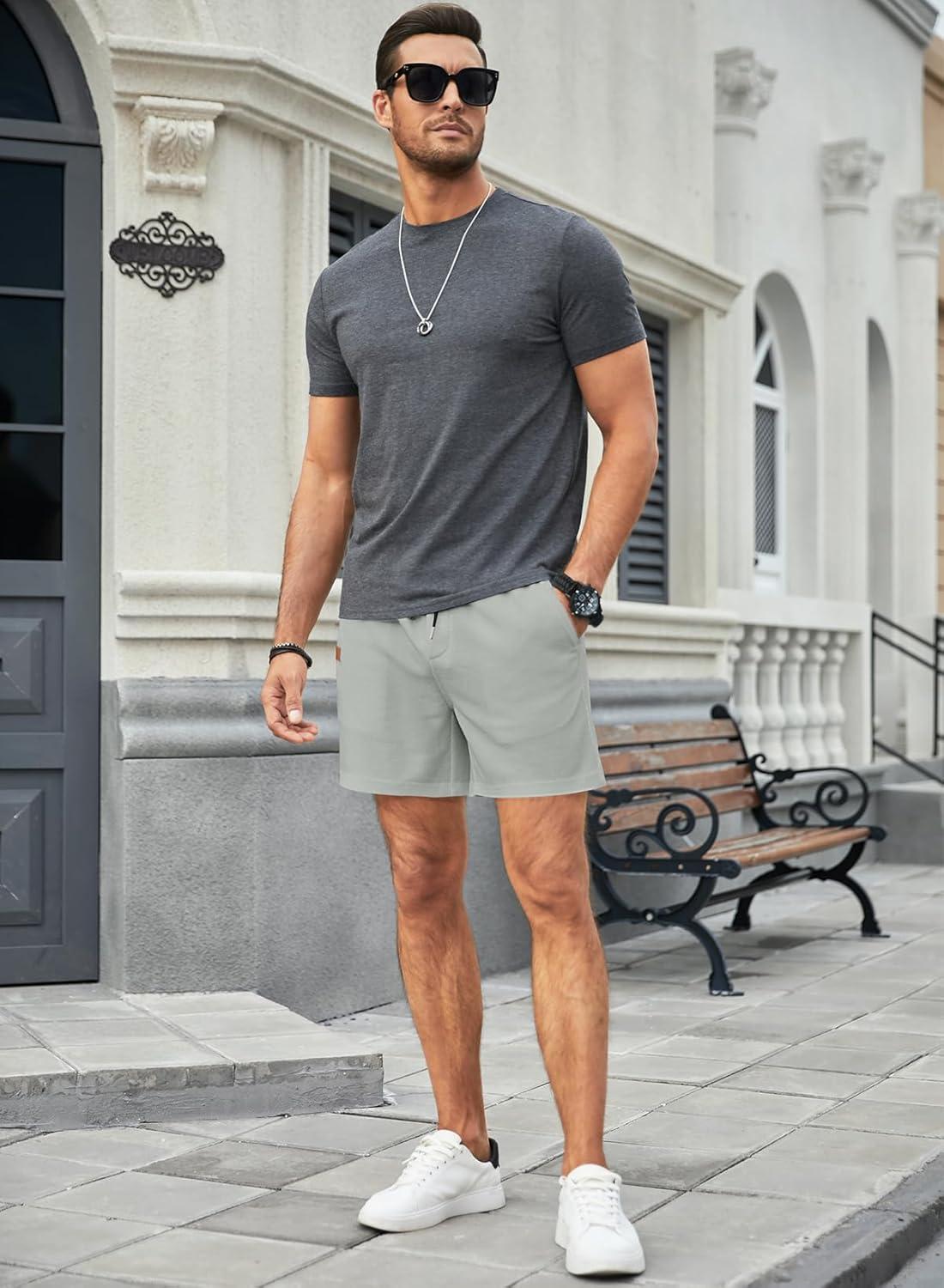 imageJMIERR Mens Casual 5quot 7quot Shorts Waffle Elastic Waist Drawstring Workout Running Jogging Beach Sweat Shorts with Pockets04 Light Grey