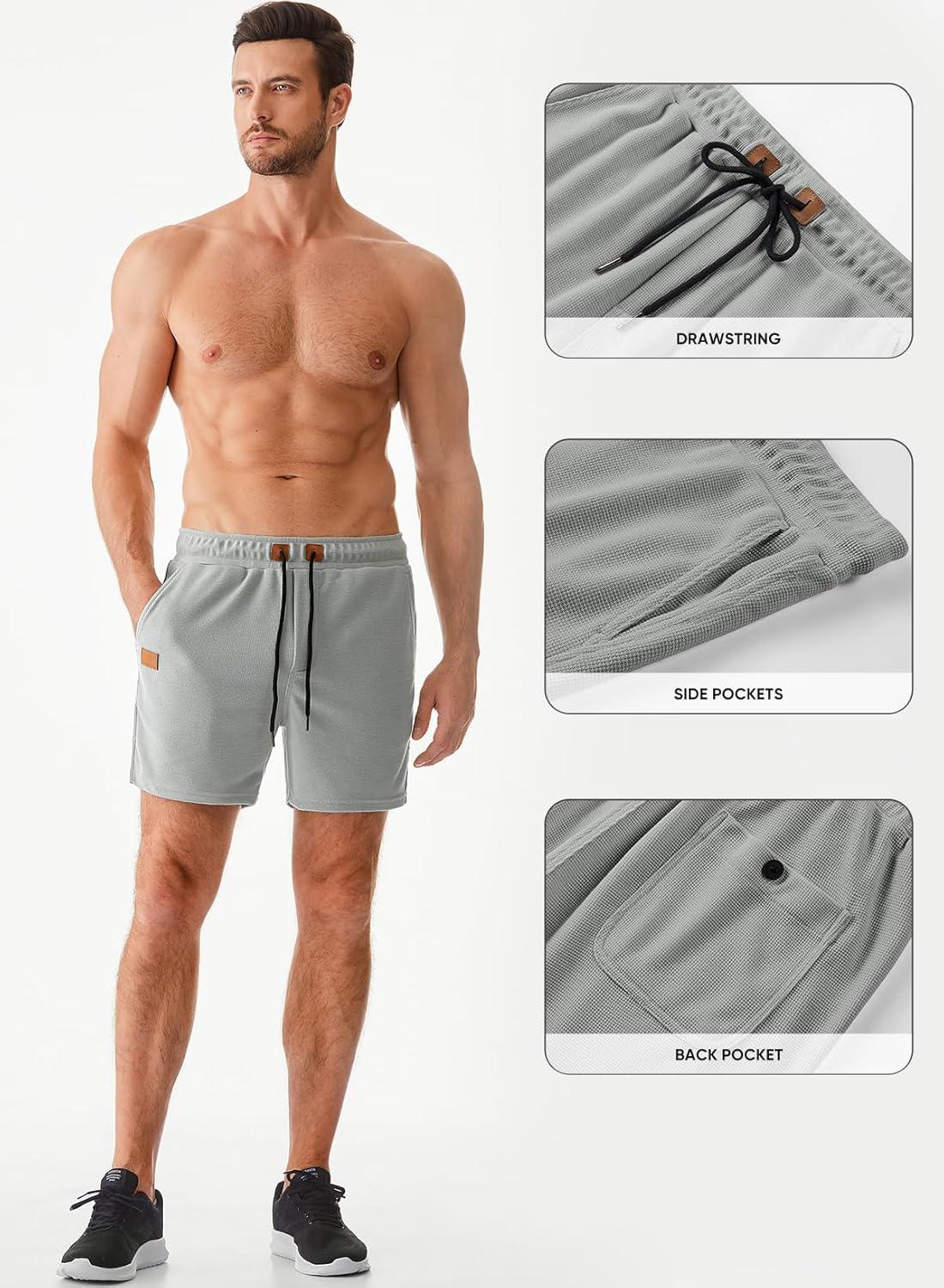 imageJMIERR Mens Casual 5quot 7quot Shorts Waffle Elastic Waist Drawstring Workout Running Jogging Beach Sweat Shorts with Pockets04 Light Grey