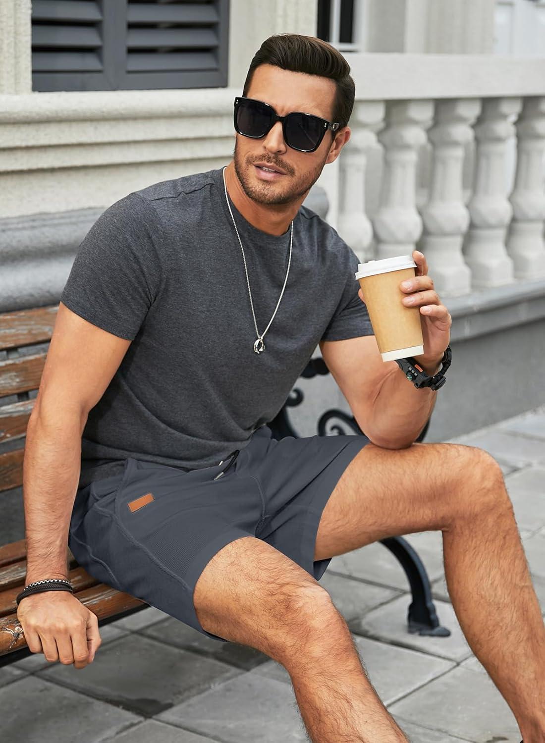 imageJMIERR Mens Casual 5quot 7quot Shorts Waffle Elastic Waist Drawstring Workout Running Jogging Beach Sweat Shorts with PocketsA Dark Grey