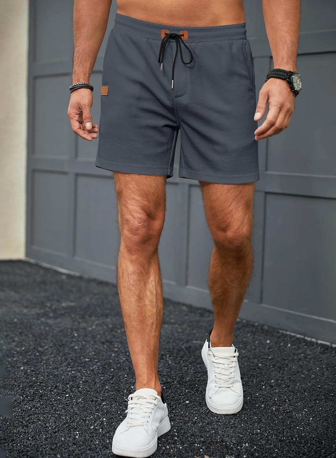 imageJMIERR Mens Casual 5quot 7quot Shorts Waffle Elastic Waist Drawstring Workout Running Jogging Beach Sweat Shorts with PocketsA Dark Grey