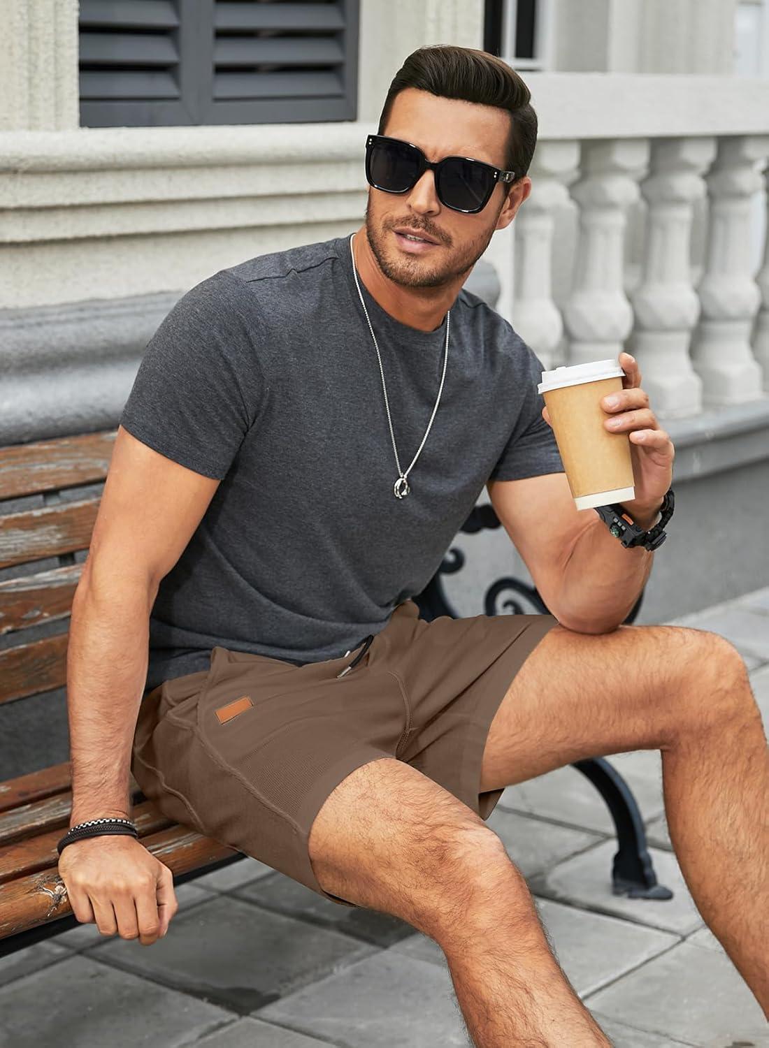 imageJMIERR Mens Casual 5quot 7quot Shorts Waffle Elastic Waist Drawstring Workout Running Jogging Beach Sweat Shorts with PocketsA Light Brown