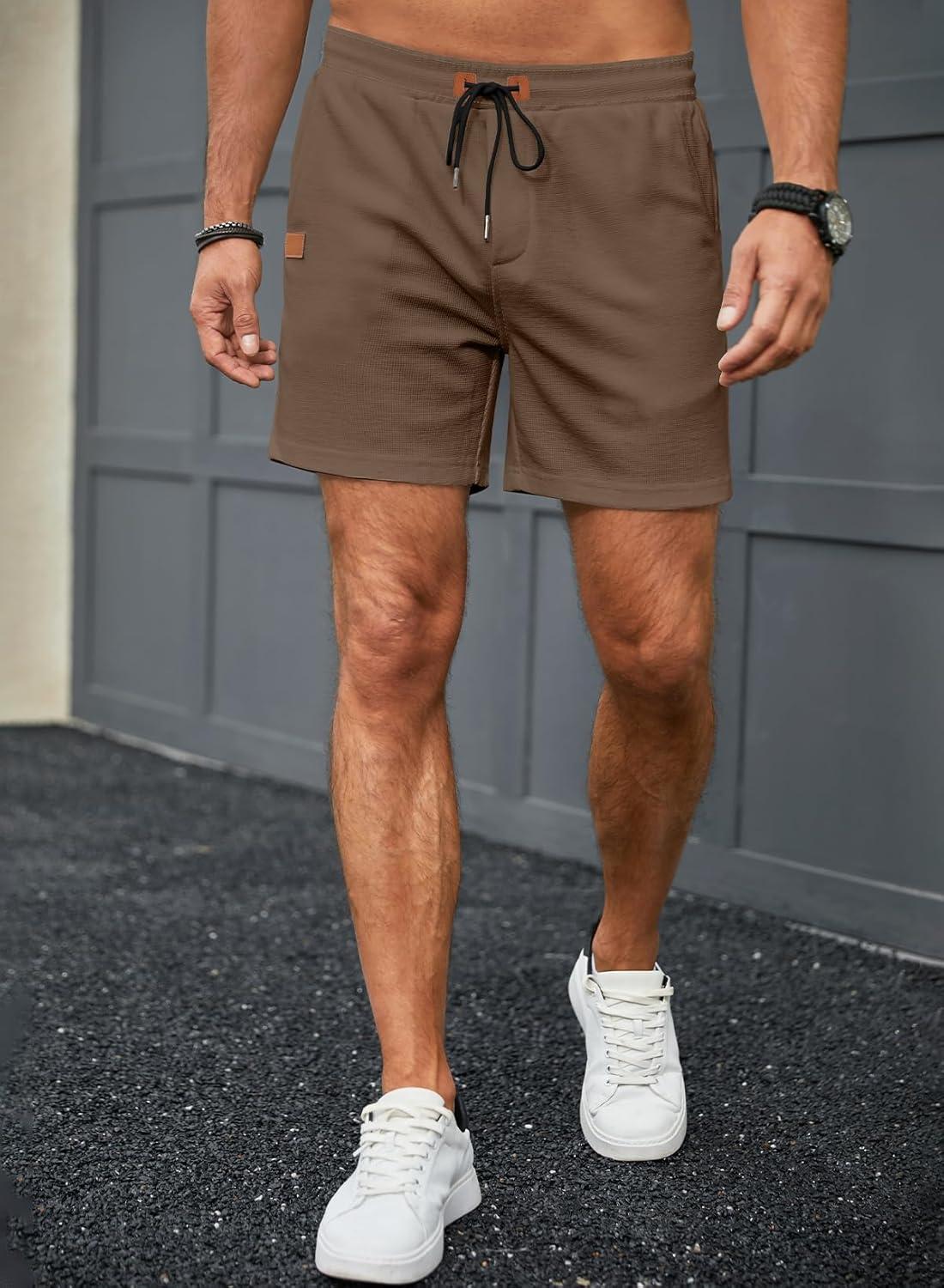imageJMIERR Mens Casual 5quot 7quot Shorts Waffle Elastic Waist Drawstring Workout Running Jogging Beach Sweat Shorts with PocketsA Light Brown