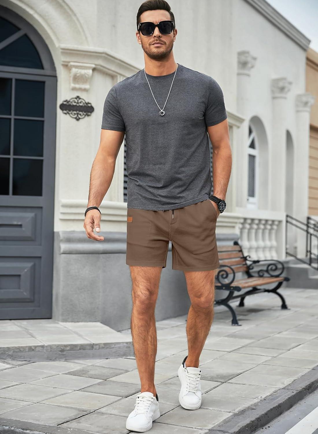imageJMIERR Mens Casual 5quot 7quot Shorts Waffle Elastic Waist Drawstring Workout Running Jogging Beach Sweat Shorts with PocketsA Light Brown