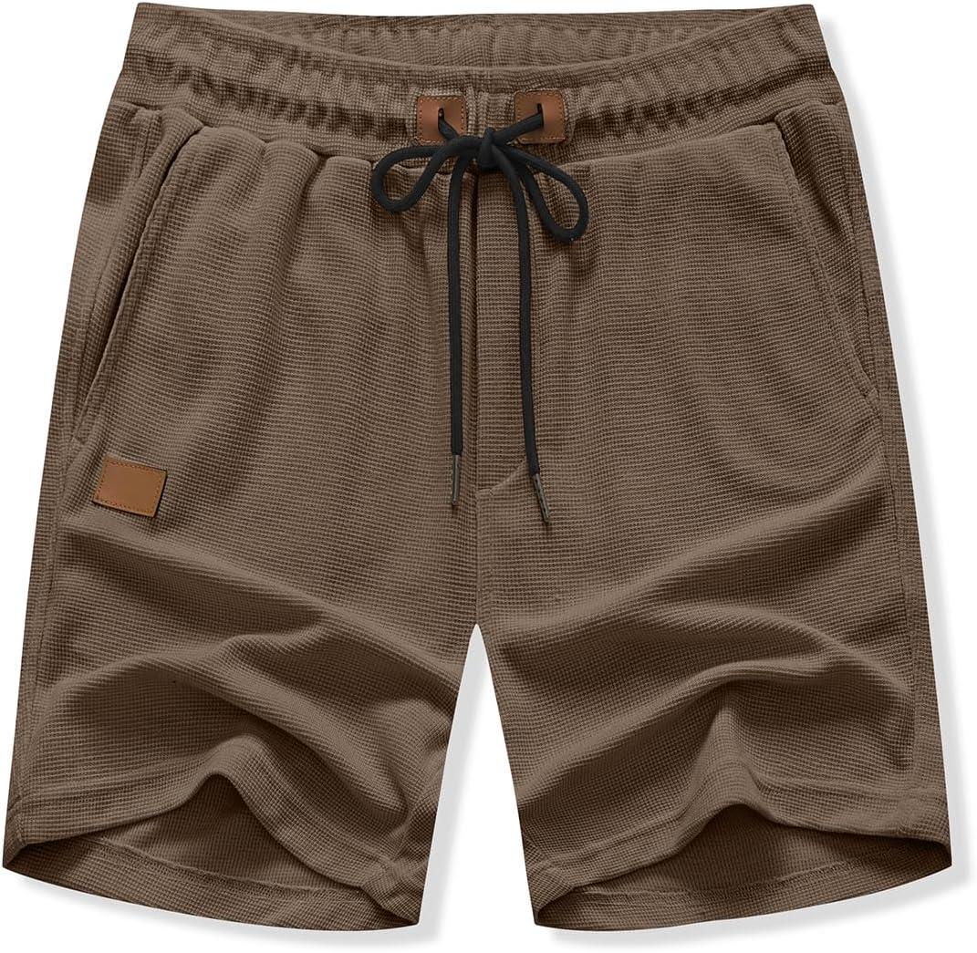 imageJMIERR Mens Casual 5quot 7quot Shorts Waffle Elastic Waist Drawstring Workout Running Jogging Beach Sweat Shorts with PocketsA Light Brown