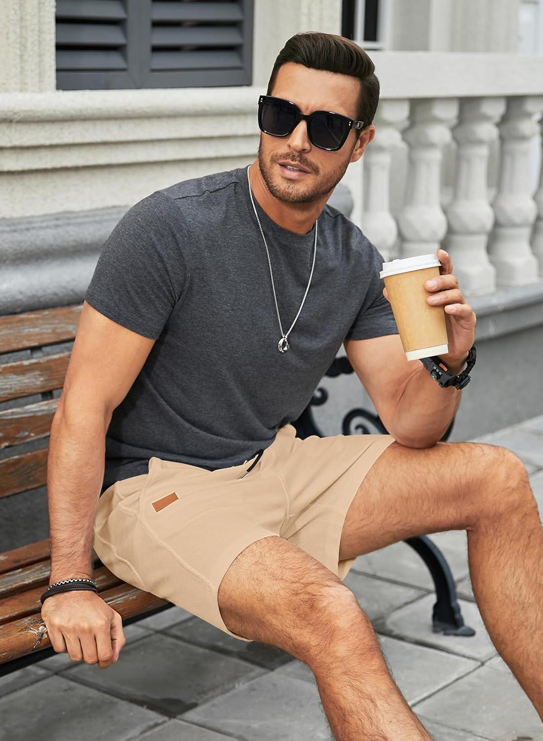 imageJMIERR Mens Casual 5quot 7quot Shorts Waffle Elastic Waist Drawstring Workout Running Jogging Beach Sweat Shorts with PocketsB Beige