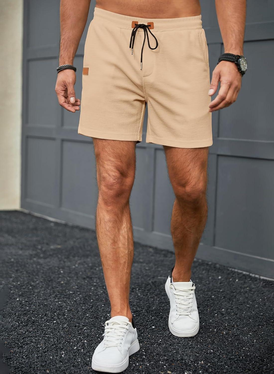 imageJMIERR Mens Casual 5quot 7quot Shorts Waffle Elastic Waist Drawstring Workout Running Jogging Beach Sweat Shorts with PocketsB Beige