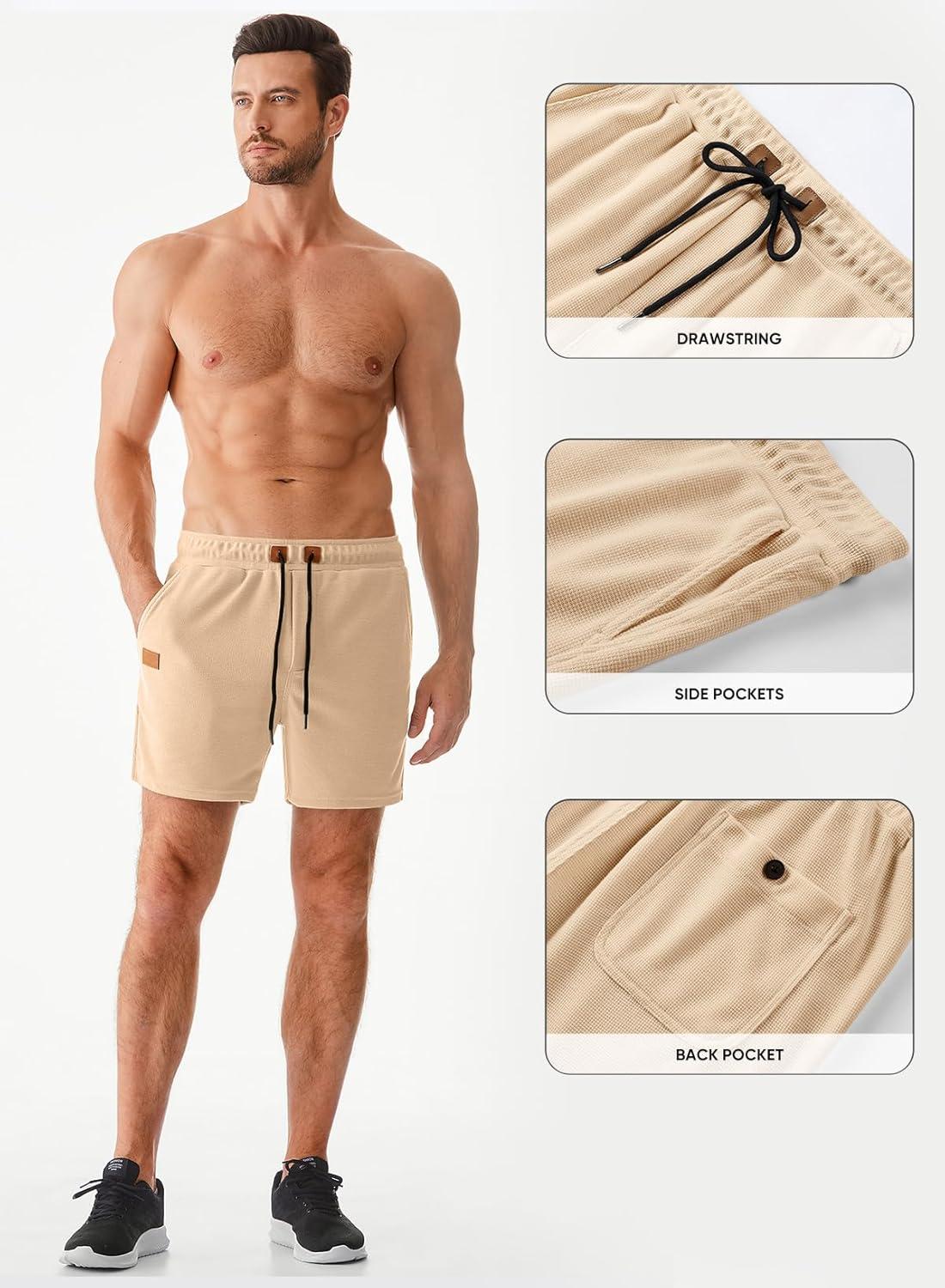 imageJMIERR Mens Casual 5quot 7quot Shorts Waffle Elastic Waist Drawstring Workout Running Jogging Beach Sweat Shorts with PocketsB Beige