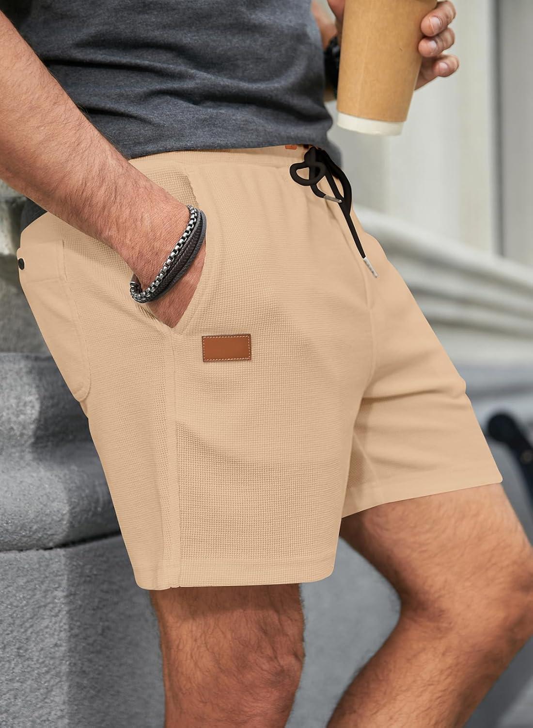 imageJMIERR Mens Casual 5quot 7quot Shorts Waffle Elastic Waist Drawstring Workout Running Jogging Beach Sweat Shorts with PocketsB Beige