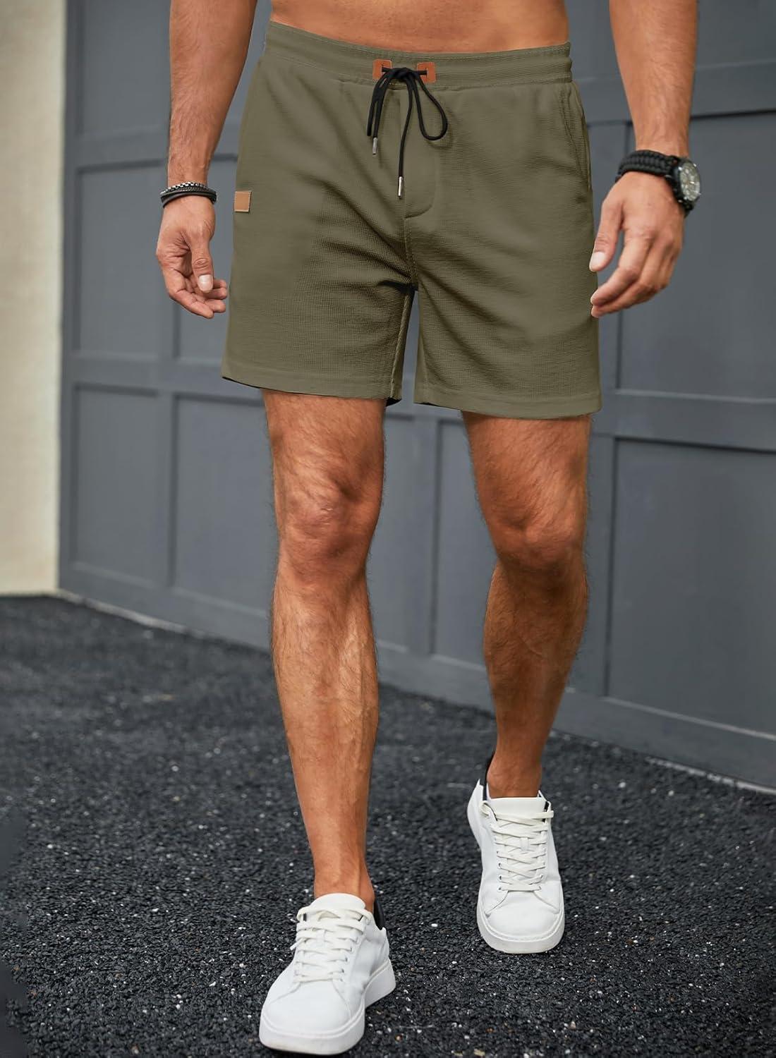 imageJMIERR Mens Casual 5quot 7quot Shorts Waffle Elastic Waist Drawstring Workout Running Jogging Beach Sweat Shorts with PocketsB Green