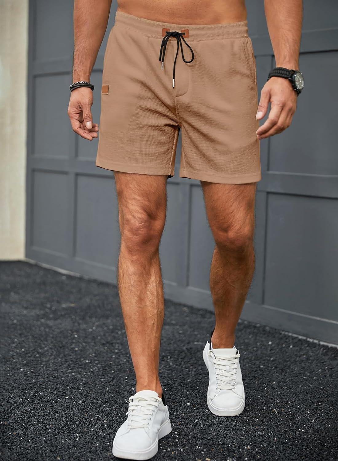 imageJMIERR Mens Casual 5quot 7quot Shorts Waffle Elastic Waist Drawstring Workout Running Jogging Beach Sweat Shorts with PocketsB Khaki