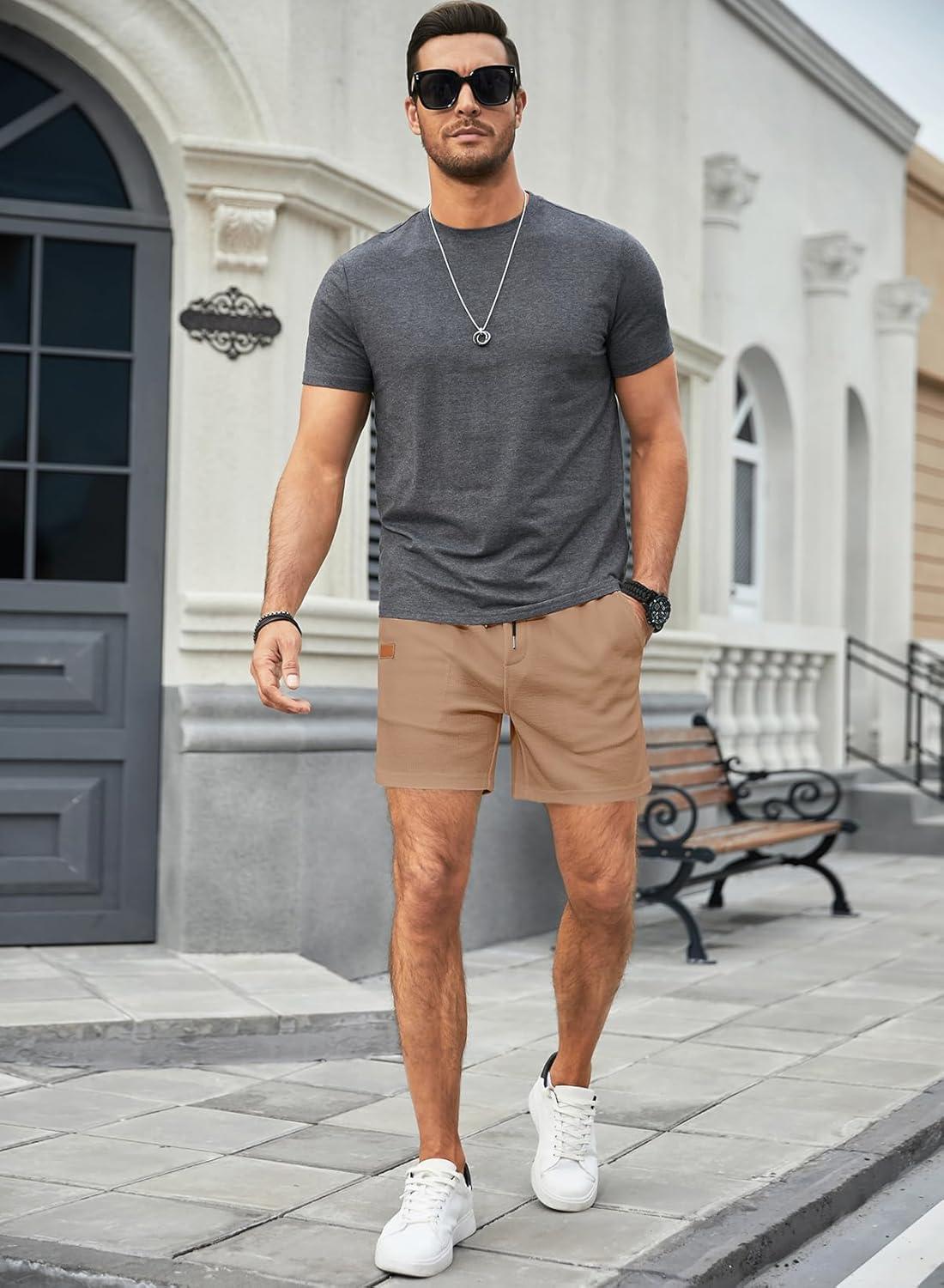 imageJMIERR Mens Casual 5quot 7quot Shorts Waffle Elastic Waist Drawstring Workout Running Jogging Beach Sweat Shorts with PocketsB Khaki