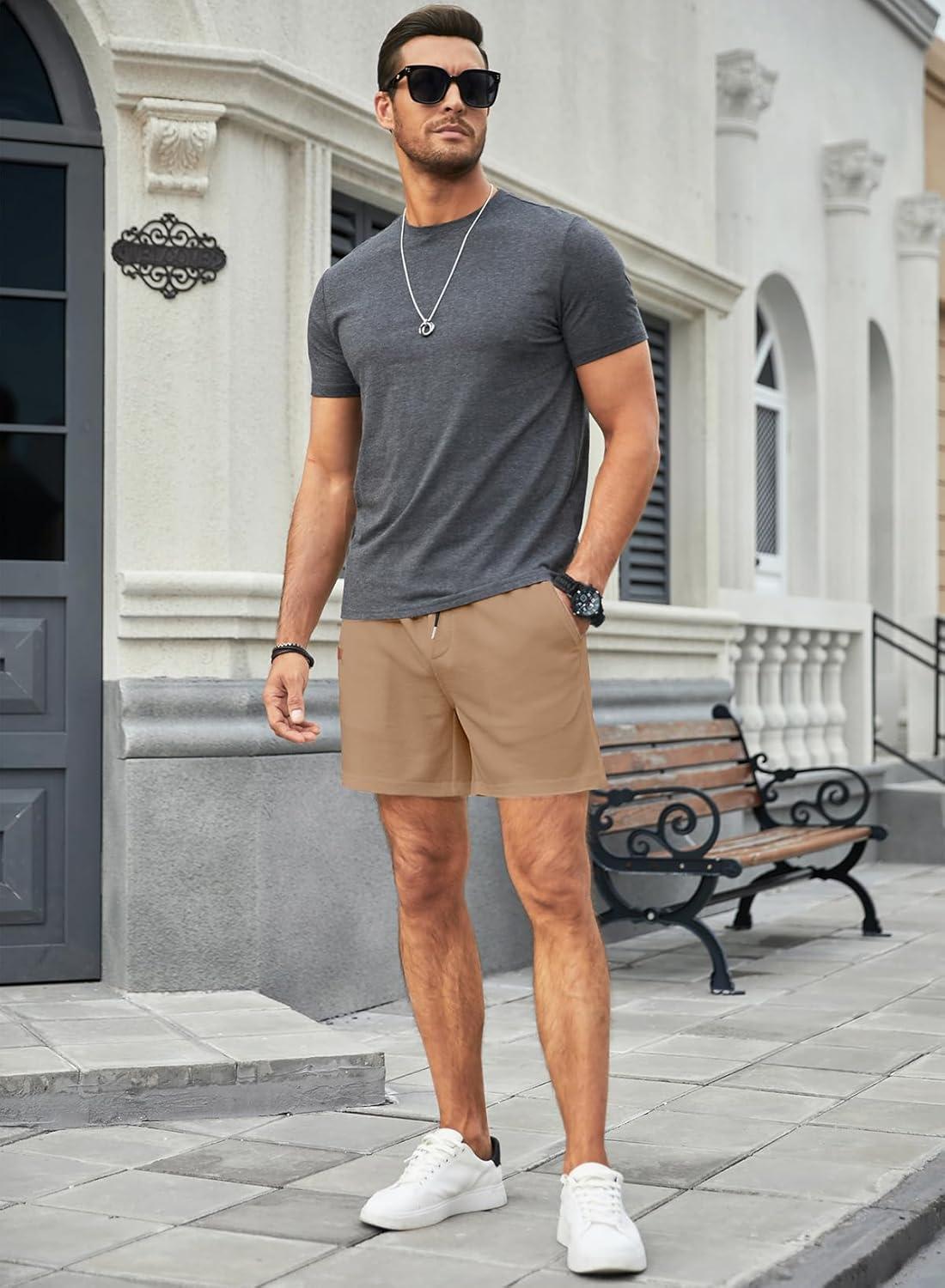 imageJMIERR Mens Casual 5quot 7quot Shorts Waffle Elastic Waist Drawstring Workout Running Jogging Beach Sweat Shorts with PocketsB Khaki