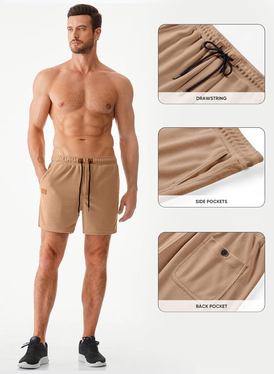imageJMIERR Mens Casual 5quot 7quot Shorts Waffle Elastic Waist Drawstring Workout Running Jogging Beach Sweat Shorts with PocketsB Khaki