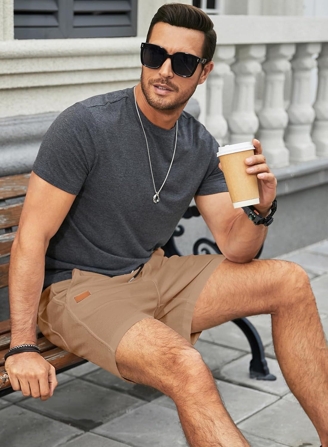 imageJMIERR Mens Casual 5quot 7quot Shorts Waffle Elastic Waist Drawstring Workout Running Jogging Beach Sweat Shorts with PocketsB Khaki