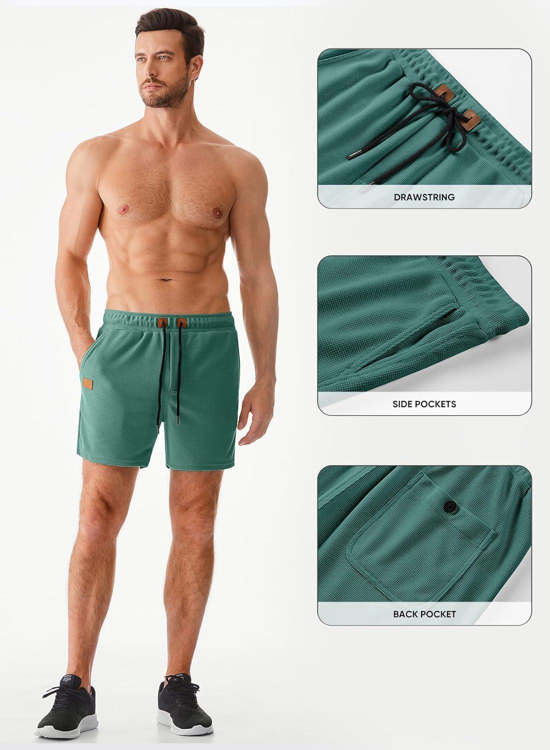 imageJMIERR Mens Casual 5quot 7quot Shorts Waffle Elastic Waist Drawstring Workout Running Jogging Beach Sweat Shorts with PocketsBlackish Green