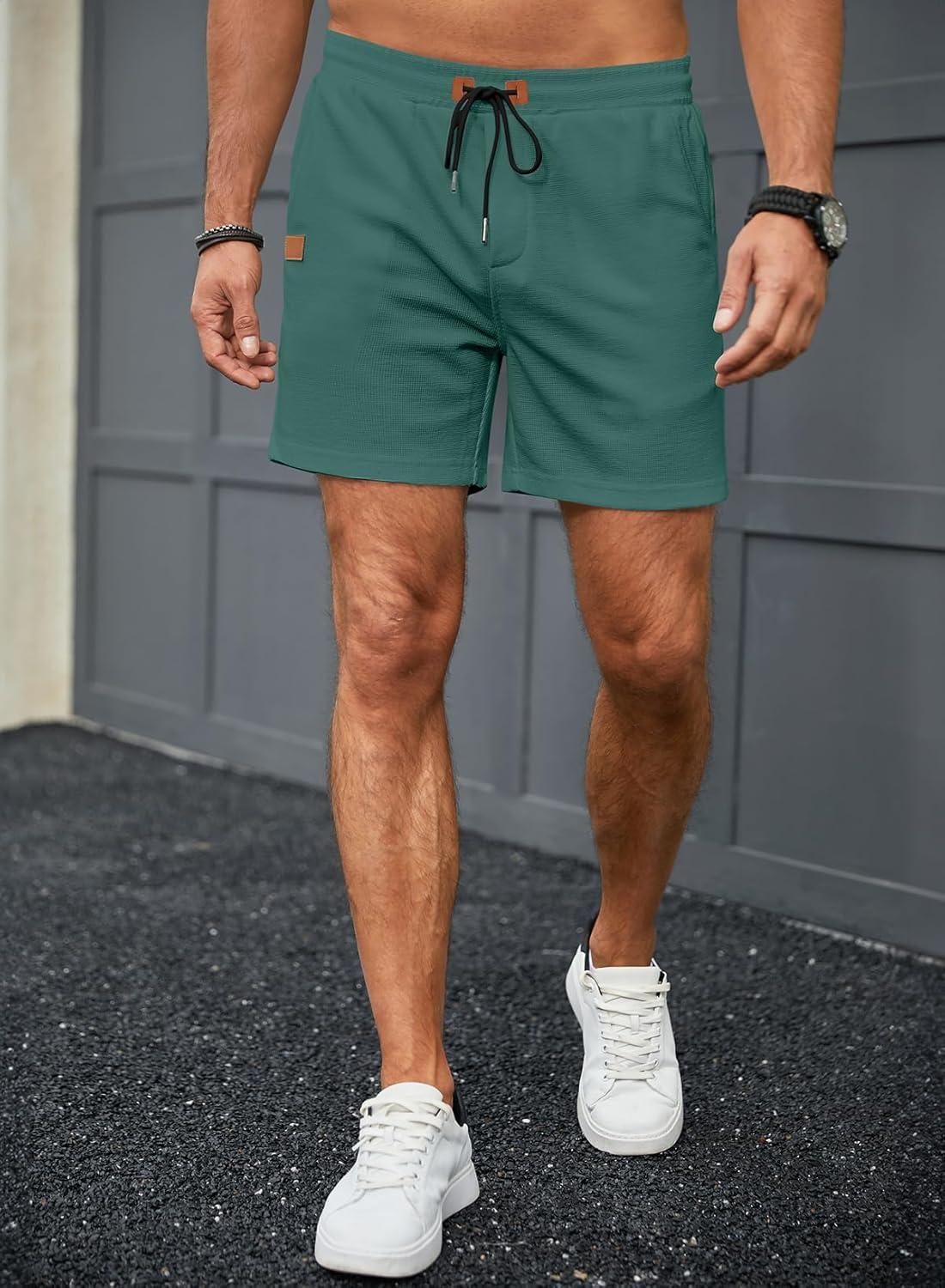 imageJMIERR Mens Casual 5quot 7quot Shorts Waffle Elastic Waist Drawstring Workout Running Jogging Beach Sweat Shorts with PocketsBlackish Green