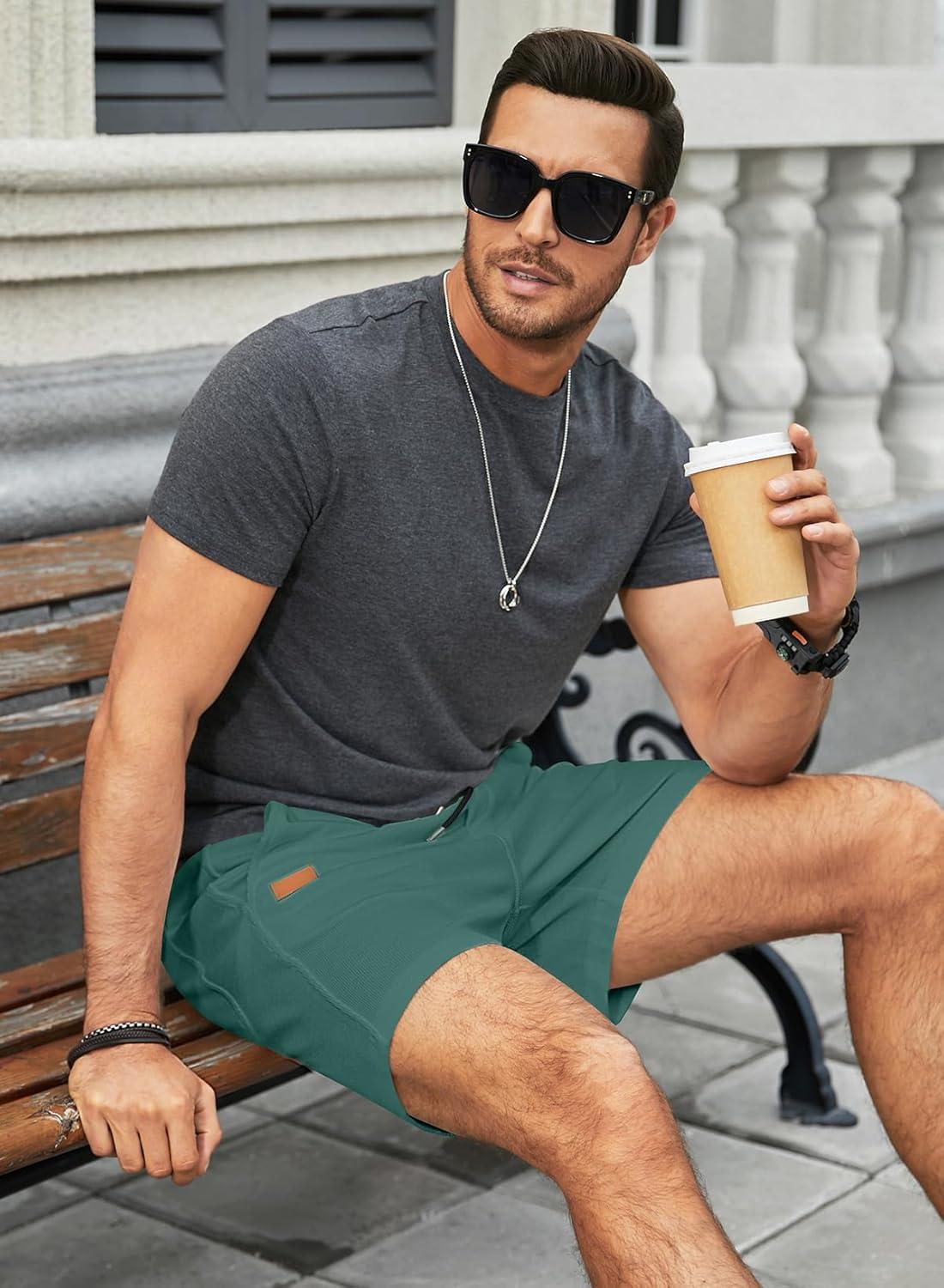 imageJMIERR Mens Casual 5quot 7quot Shorts Waffle Elastic Waist Drawstring Workout Running Jogging Beach Sweat Shorts with PocketsBlackish Green