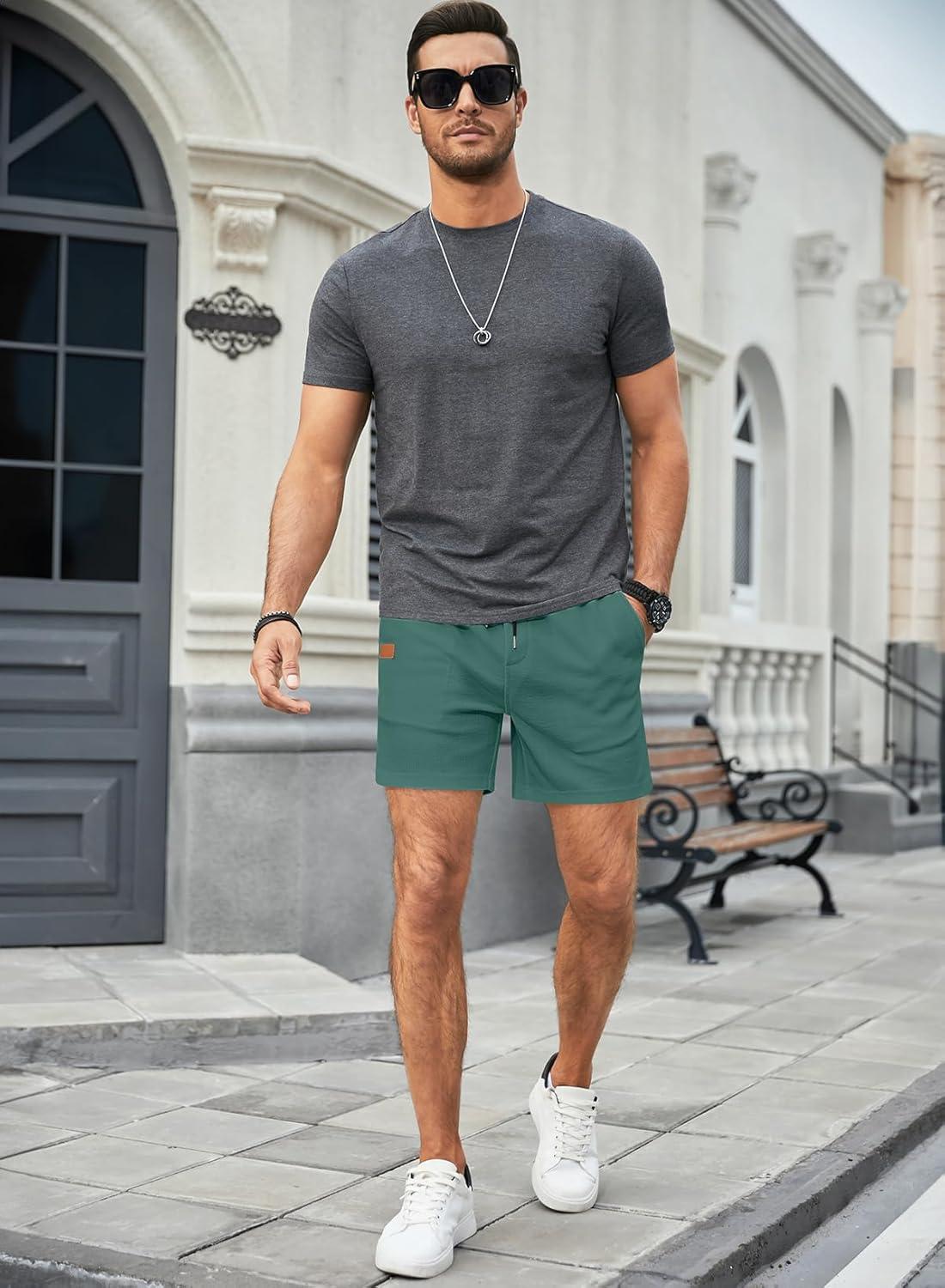 imageJMIERR Mens Casual 5quot 7quot Shorts Waffle Elastic Waist Drawstring Workout Running Jogging Beach Sweat Shorts with PocketsBlackish Green