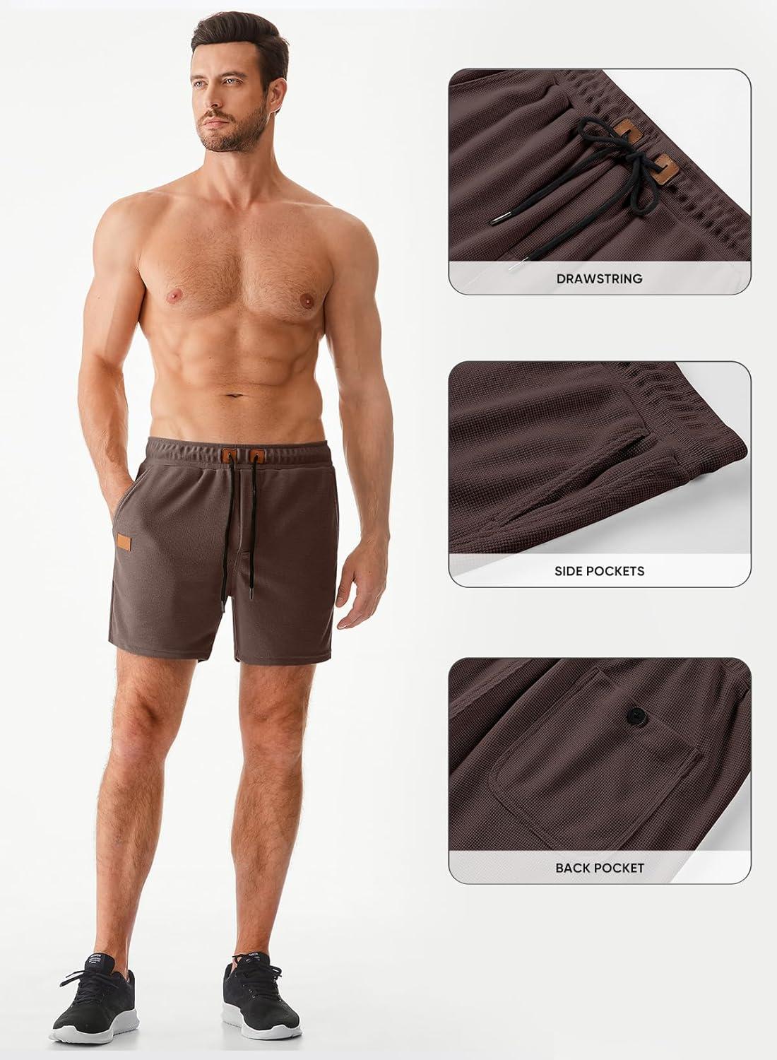 imageJMIERR Mens Casual 5quot 7quot Shorts Waffle Elastic Waist Drawstring Workout Running Jogging Beach Sweat Shorts with PocketsBrown