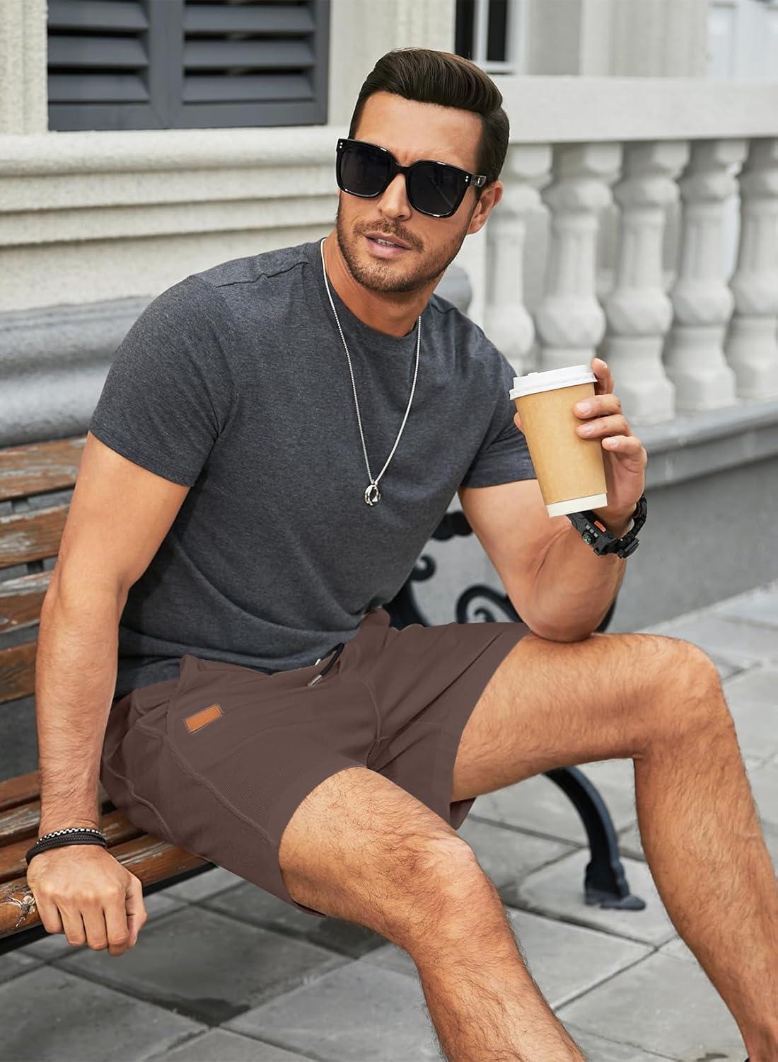 imageJMIERR Mens Casual 5quot 7quot Shorts Waffle Elastic Waist Drawstring Workout Running Jogging Beach Sweat Shorts with PocketsBrown