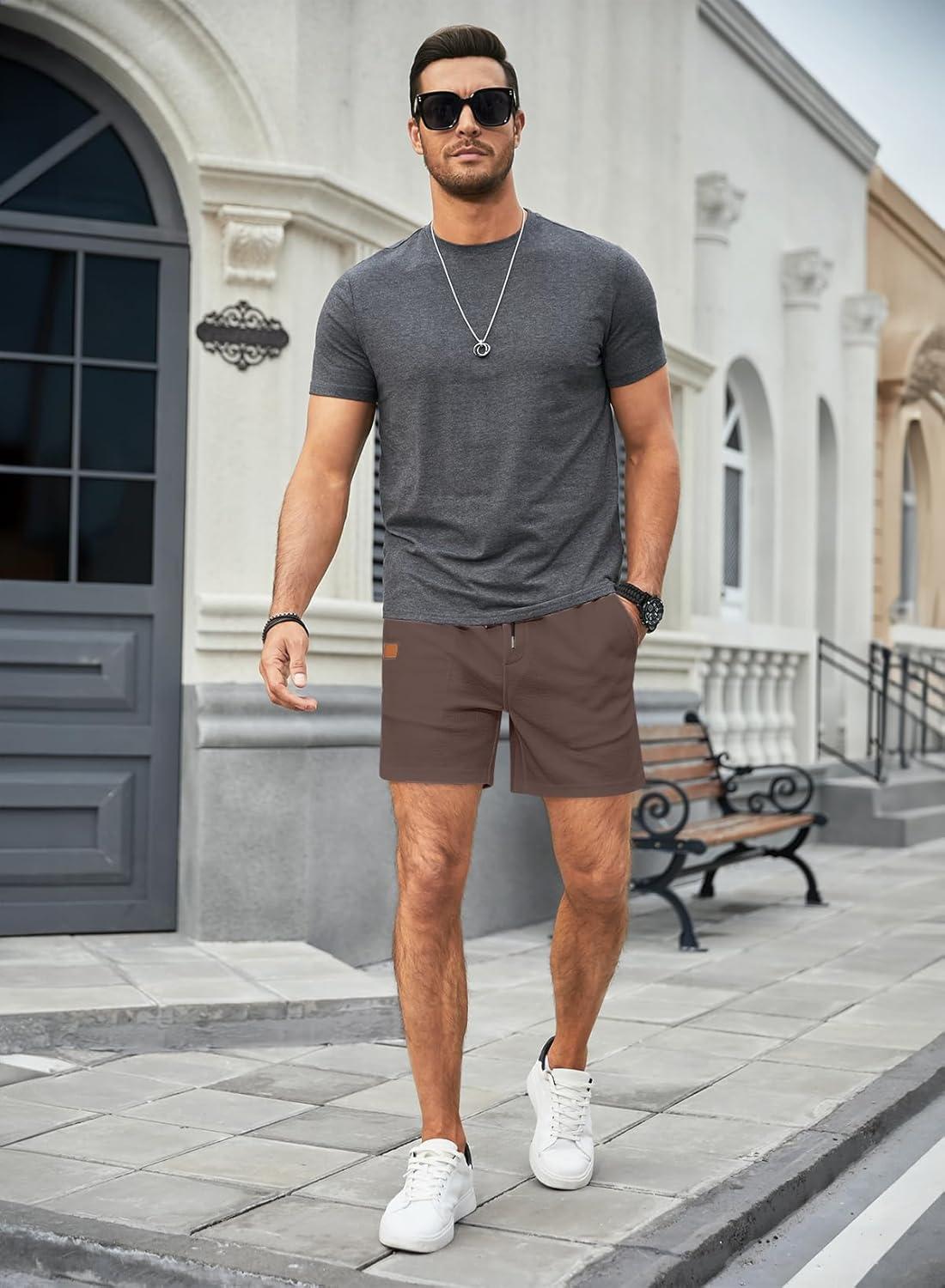 imageJMIERR Mens Casual 5quot 7quot Shorts Waffle Elastic Waist Drawstring Workout Running Jogging Beach Sweat Shorts with PocketsBrown