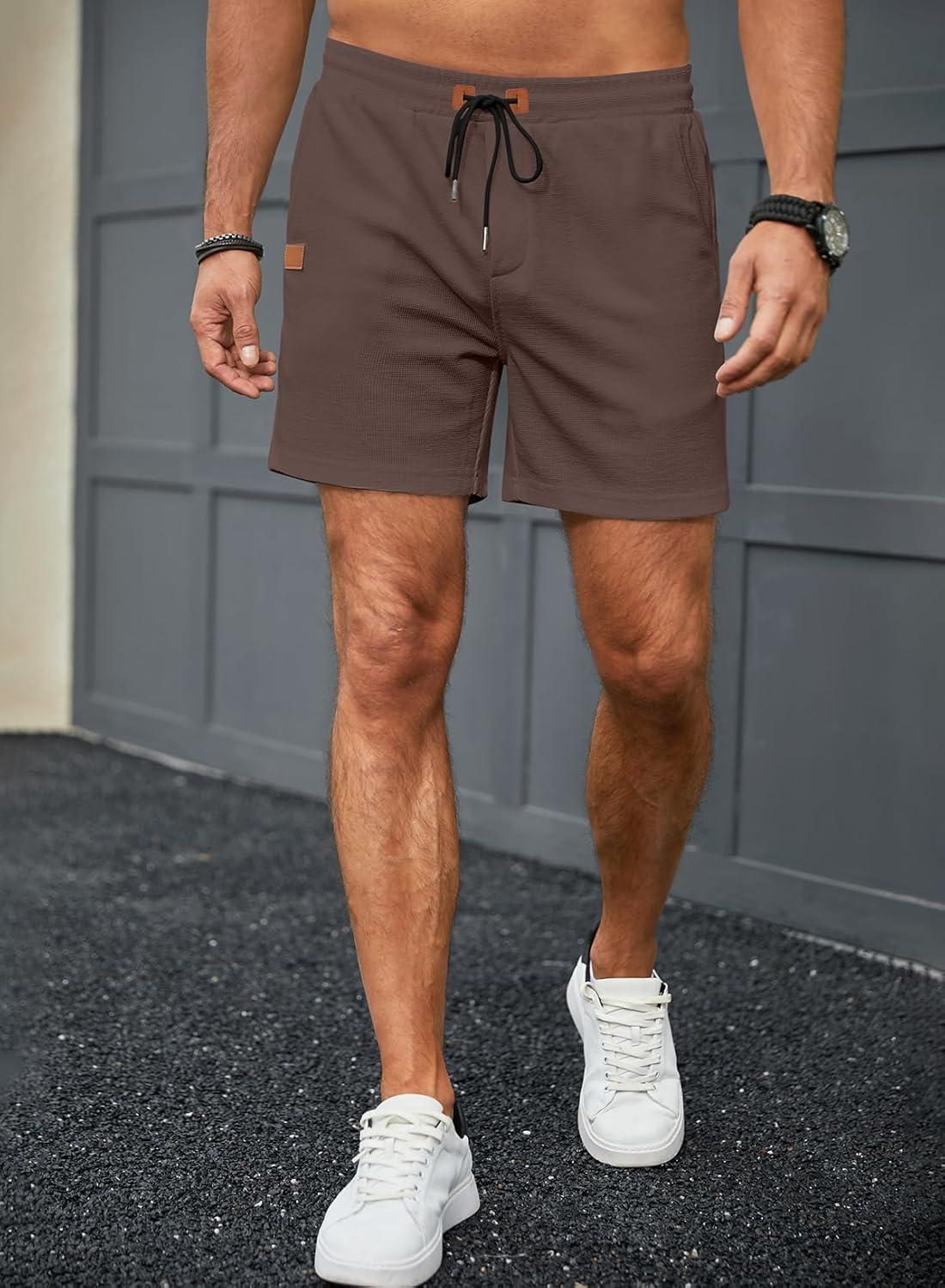 imageJMIERR Mens Casual 5quot 7quot Shorts Waffle Elastic Waist Drawstring Workout Running Jogging Beach Sweat Shorts with PocketsBrown