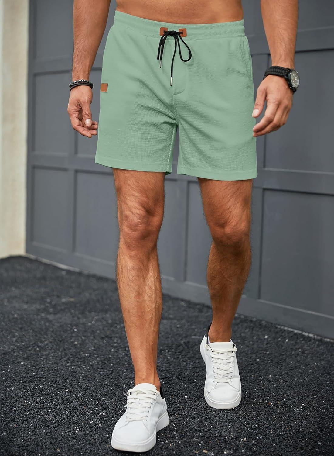 imageJMIERR Mens Casual 5quot 7quot Shorts Waffle Elastic Waist Drawstring Workout Running Jogging Beach Sweat Shorts with PocketsGrass Green