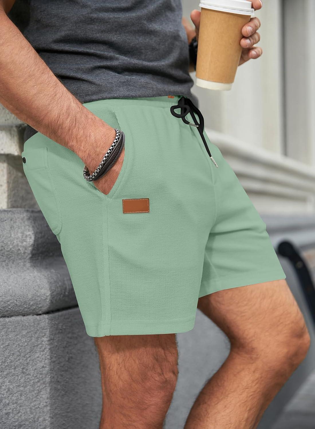 imageJMIERR Mens Casual 5quot 7quot Shorts Waffle Elastic Waist Drawstring Workout Running Jogging Beach Sweat Shorts with PocketsGrass Green