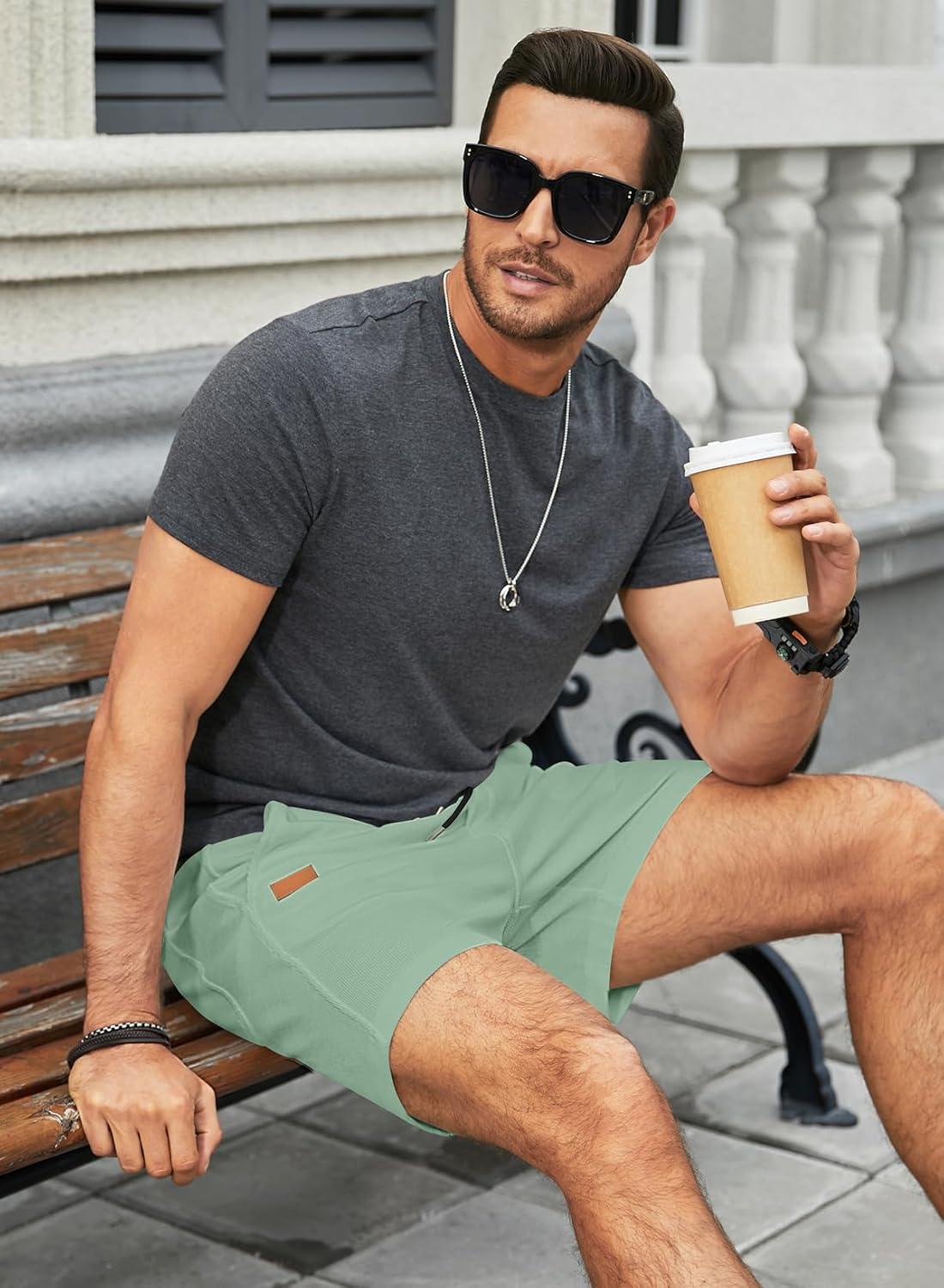 imageJMIERR Mens Casual 5quot 7quot Shorts Waffle Elastic Waist Drawstring Workout Running Jogging Beach Sweat Shorts with PocketsGrass Green