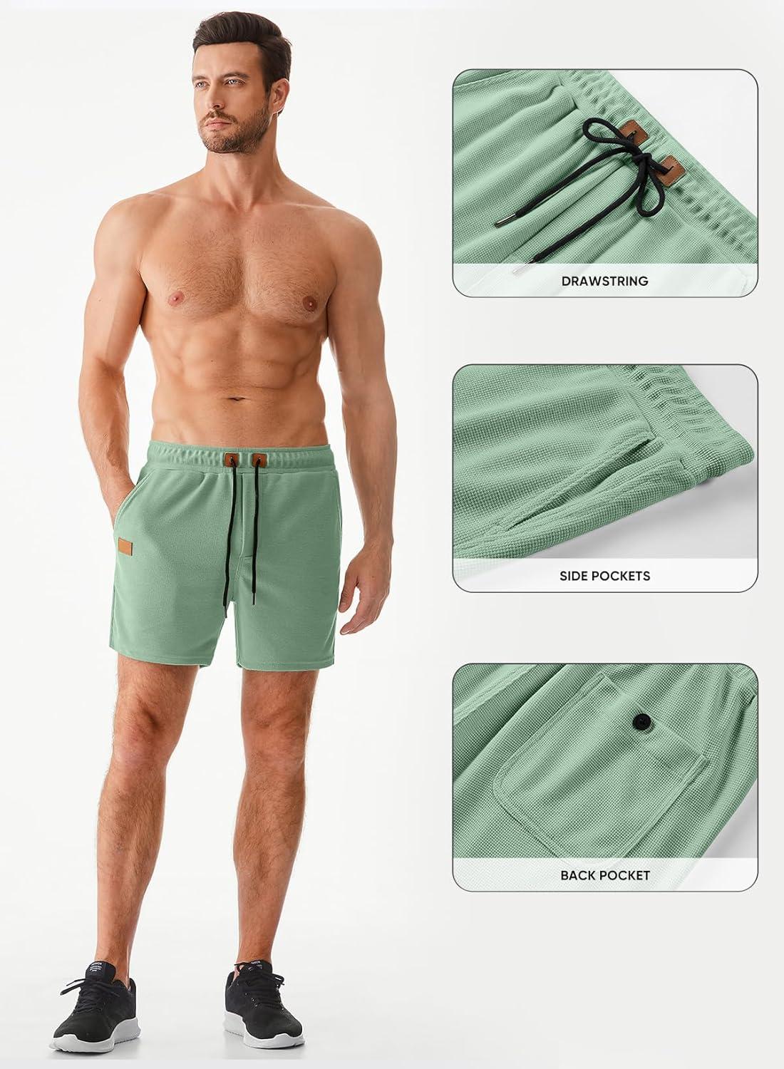 imageJMIERR Mens Casual 5quot 7quot Shorts Waffle Elastic Waist Drawstring Workout Running Jogging Beach Sweat Shorts with PocketsGrass Green