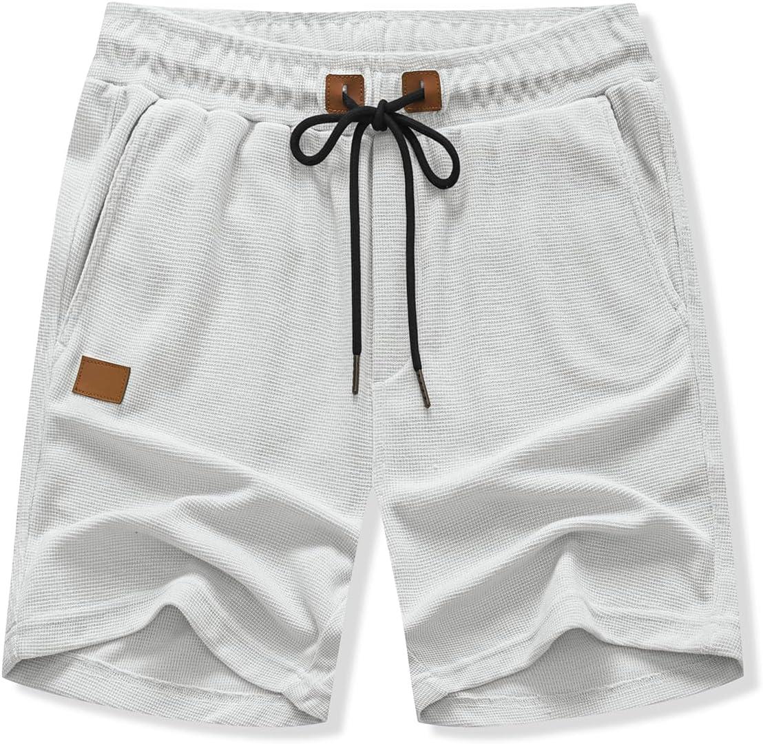 imageJMIERR Mens Casual 5quot 7quot Shorts Waffle Elastic Waist Drawstring Workout Running Jogging Beach Sweat Shorts with PocketsGrey White