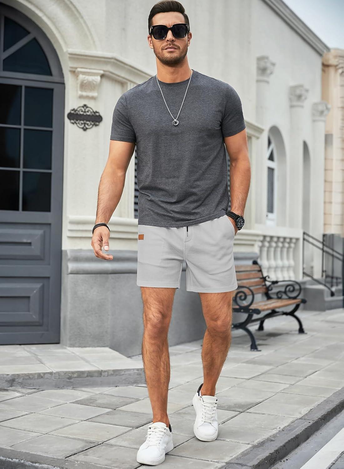 imageJMIERR Mens Casual 5quot 7quot Shorts Waffle Elastic Waist Drawstring Workout Running Jogging Beach Sweat Shorts with PocketsGrey White