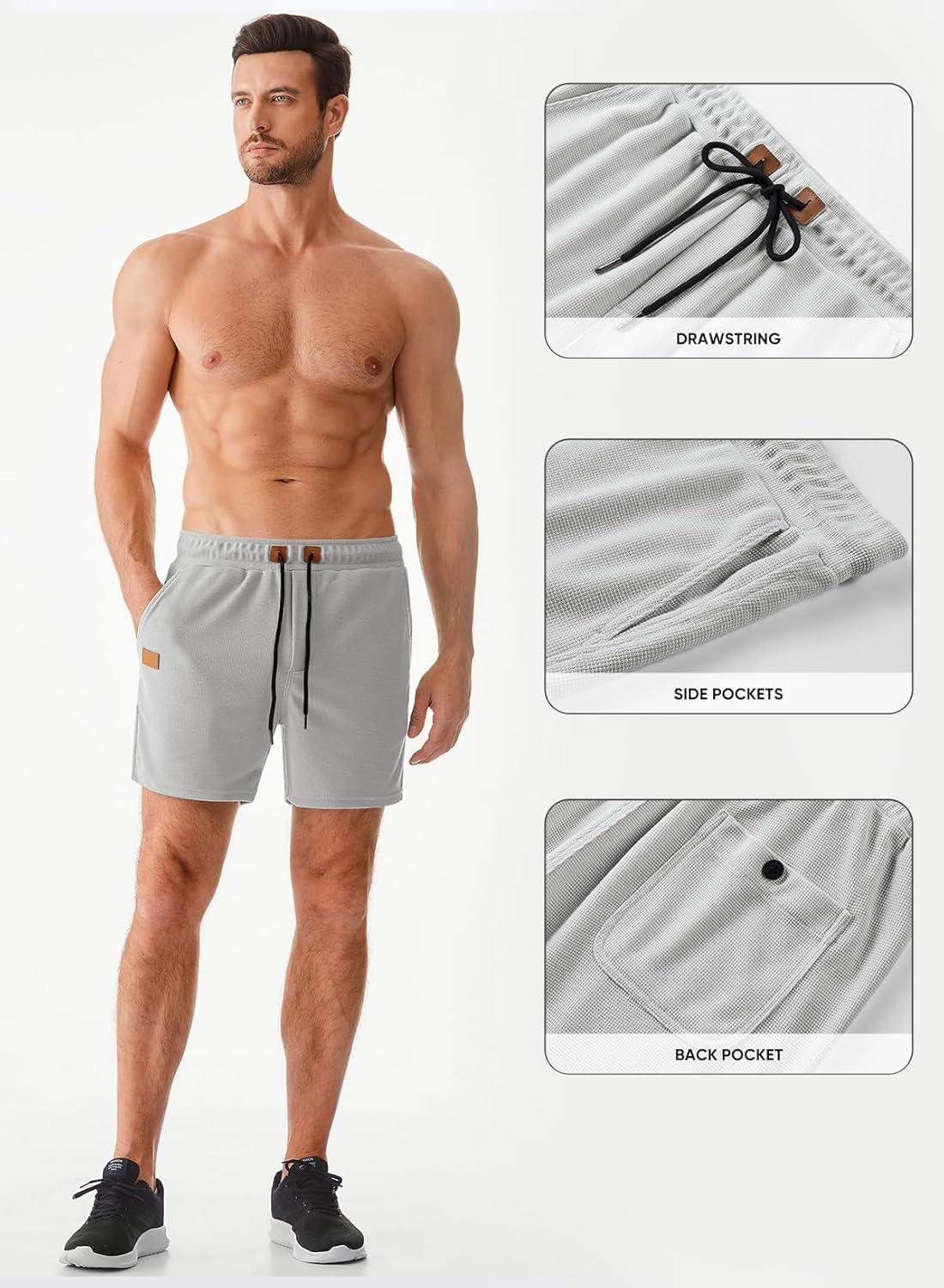 imageJMIERR Mens Casual 5quot 7quot Shorts Waffle Elastic Waist Drawstring Workout Running Jogging Beach Sweat Shorts with PocketsGrey White