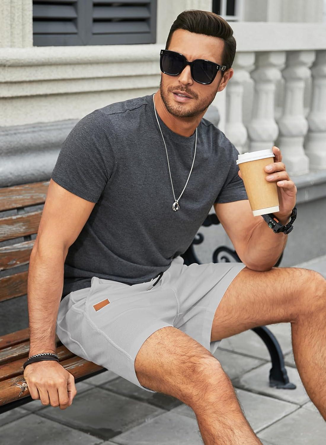 imageJMIERR Mens Casual 5quot 7quot Shorts Waffle Elastic Waist Drawstring Workout Running Jogging Beach Sweat Shorts with PocketsGrey White